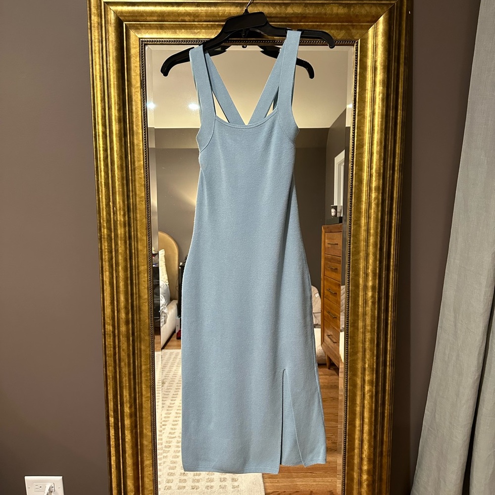 Knit bodycon midi dress in light blue / cross back / Abercrombie & Fitch